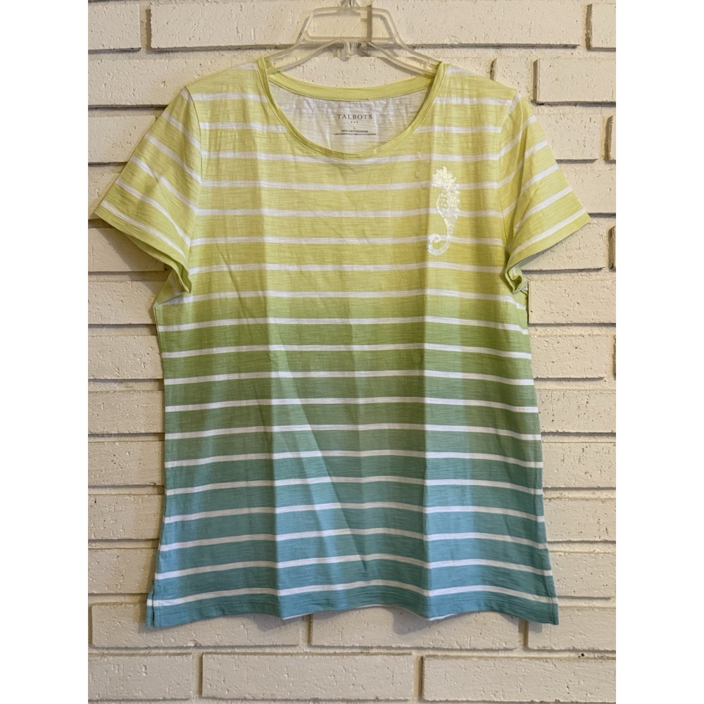 Talbots Striped Yellow Green Sequin Seahorse Cotton Tee Shirt Women's Size Large